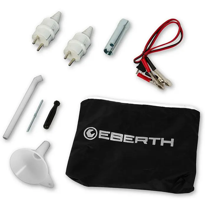 EBERTH Stromerzeuger Inverter 3200 W, 7 PS, 230 V, USB, 8 L Tank - Nennleistung: 3 kW, Tankvolumen: 8 l - Verschiedenes Generatorzubehör: zwei weiße Stecker, Zündkerzenschlüssel, Batterieklemmen, Trichter, Öleinfüllstutzen, kleine Werkzeuge, schwarze EBERTH Aufbewahrungstasche.