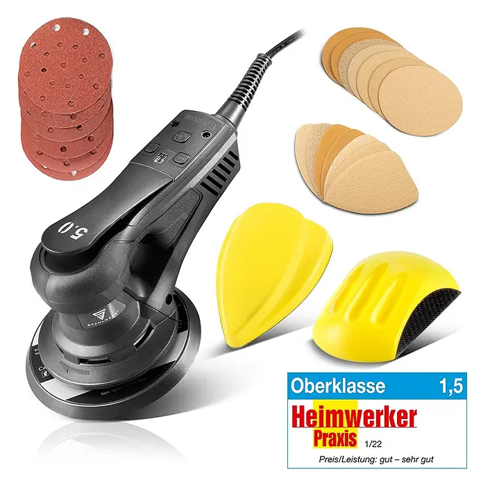 STAHLWERK Elektro-Exzenterschleifer Brushless Exzenterschleifer 350 W Handschleifer Set - 350 W, 4.000 U/min - 10.000 U/min - Schwarzer Exzenterschleifer mit verschiedenen Schleifpads und zwei gelben Handschleifblöcken.