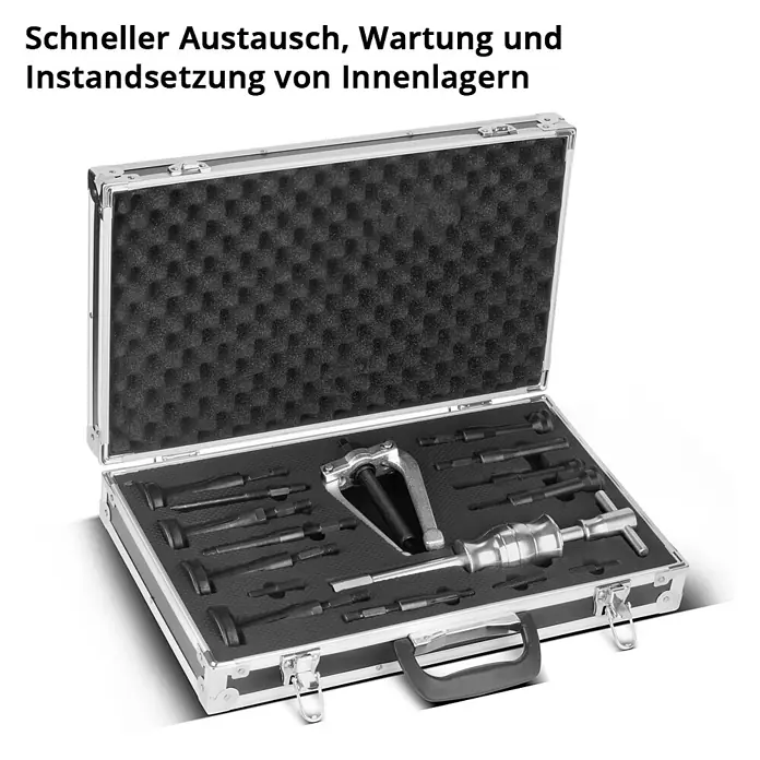 STAHLWERK Grundloch-Innenlager-Abzieher-Satz mit Gleithammer, 3 Adaptern -  - Umfassendes Metall-Werkzeugset in silbernem Koffer mit schwarzem Schaumstoff, für schnellen Austausch, Wartung und Instandsetzung von Innenlagern.