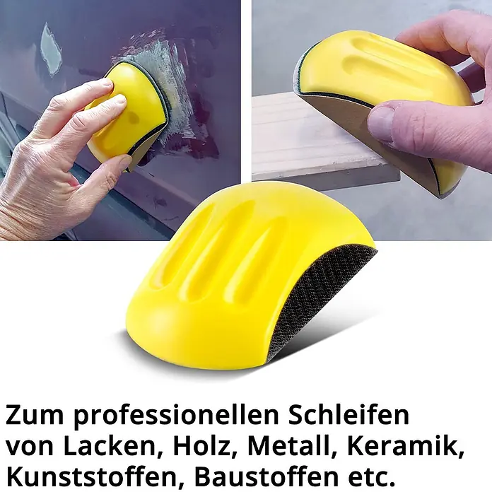 STAHLWERK Elektro-Exzenterschleifer Brushless Exzenterschleifer 350 W Handschleifer Set - 350 W, 4.000 U/min - 10.000 U/min - Gelber ergonomischer Handschleifklotz, auf Autolack und Holz verwendet.