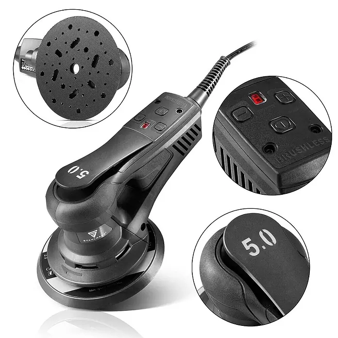 STAHLWERK Elektro-Exzenterschleifer Brushless Exzenterschleifer 350 W Handschleifer Set - 350 W, 4.000 U/min - 10.000 U/min - Dunkelgrauer bürstenloser Exzenterschleifer mit ergonomischem Design, digitaler Geschwindigkeitsregelung und mehrlochiger Schleifplatte.