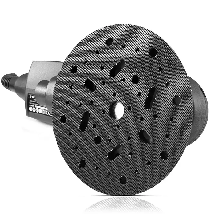 STAHLWERK Elektro-Exzenterschleifer Brushless Exzenterschleifer 350 W Handschleifer Set - 350 W, 4.000 U/min - 10.000 U/min - Schwarzer runder Schleifteller mit Klettverschluss und mehreren Löchern, an einem Schleifer befestigt.