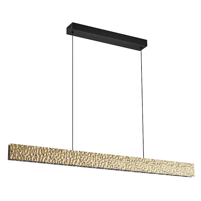 Lucande Pendelleuchte Nivara - messing / gold, gold, Schwarz - Rechteckige Pendelleuchte mit schwarzem Baldachin und langer, gehämmerter goldener Leistenbefestigung.