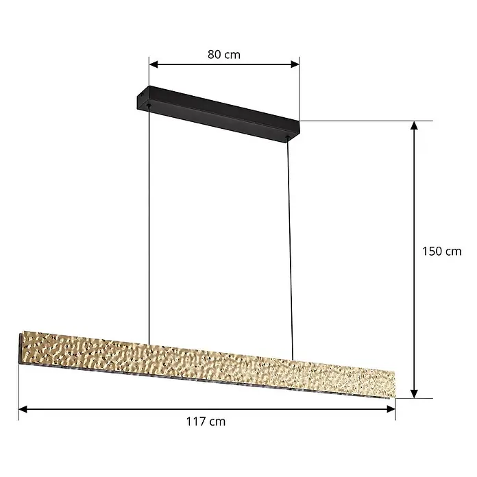 Lucande Pendelleuchte Nivara - messing / gold, gold, Schwarz - Strukturierte goldene lineare Pendelleuchte mit schwarzer Deckenhalterung. Lampe 117cm, Gesamthöhe 150cm.