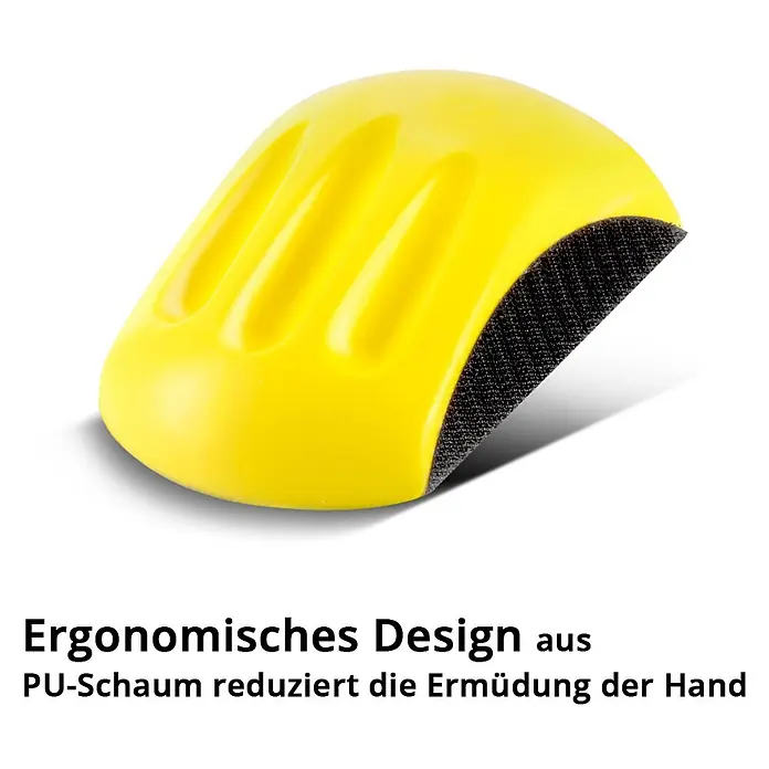 STAHLWERK Druckluft-Exzenterschleifer 125mm Handschleifer Set - Durchmesser Schleifteller: 12,5 cm - Gelber ergonomischer Handschleifklotz aus PU-Schaum mit schwarzer Klettfläche zur Reduzierung der Handermüdung.
