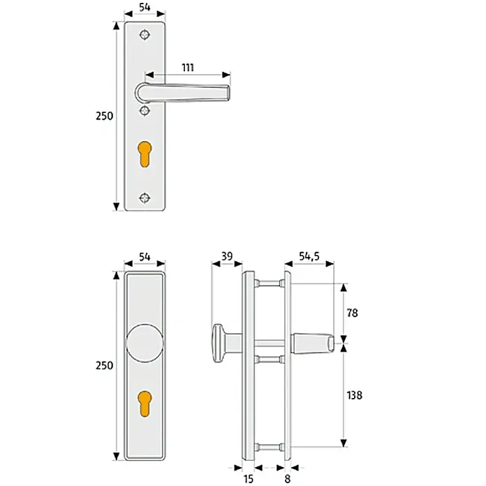 Abus Schutzbeschlag KLN 314 - Wohnungsabschlusstür, Stärke Tür: 37 mm - 47 mm, Edelstahl, Drücker beidseitig - Schematische Darstellung einer Türgarnitur mit Griff und Schloss, inklusive Maßangaben.