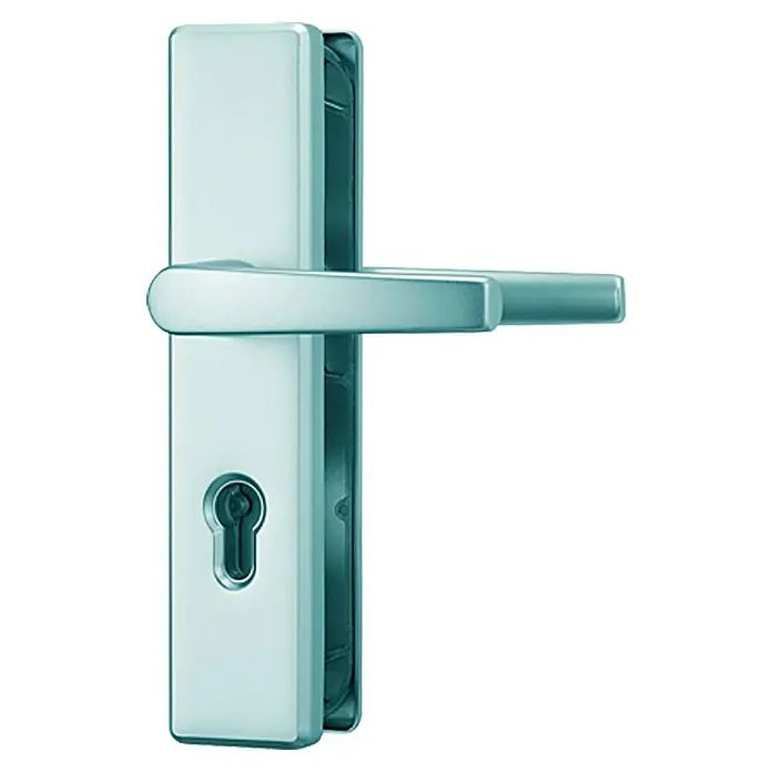Abus Schutzbeschlag KLN 314 - Wohnungsabschlusstür, Stärke Tür: 37 mm - 47 mm, Edelstahl, Drücker beidseitig - Ein silberner Türgriff mit einer rechteckigen Platte und einem Schlüsselloch für den Inneneinsatz.