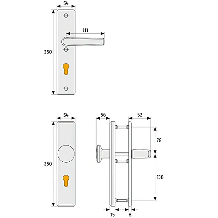 Abus Schutzbeschlag HLN 414Hauseingangstür, Stärke Tür: 52 mm - 67 mm, Neusilber, Knopf außen, Drücker innen - Technische Zeichnung einer Türgarnitur mit Langschild mit den zugehörigen Maßen.\n