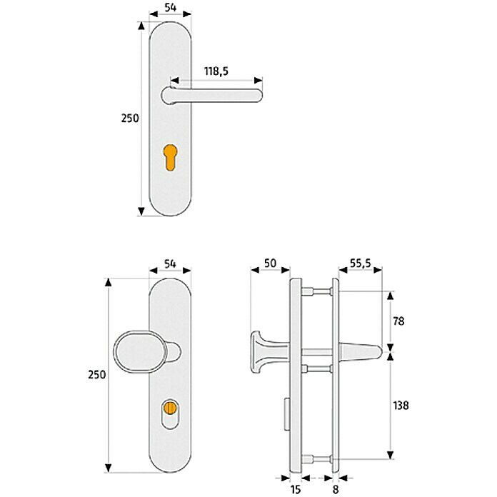 Abus Schutzbeschlag KLZS 714Wohnungsabschlusstür, Messing, Türstärke: 37 mm - 47 mm, Knopf außen, Drücker innen Front View