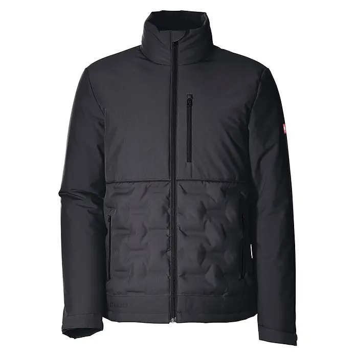 Engelbert Strauss Arbeitsjacke - S, Schwarz - Dunkelgraue, wattierte Jacke mit Stehkragen, Reißverschluss und abgesteppter Vorderseite, unten mit "STRAUSS" Branding.