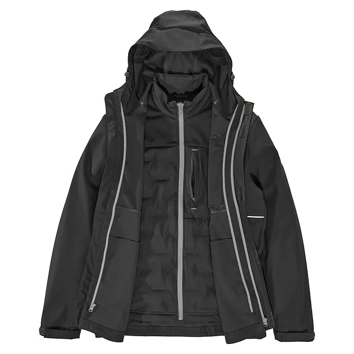 Engelbert Strauss e.s.line.core Multifunktionsjacke 3in1 - S, Schwarz - Schwarze mehrlagige Outdoor-Jacke mit Kapuze, grauen Reißverschlüssen und Klettverschlüssen, funktionelles Design.