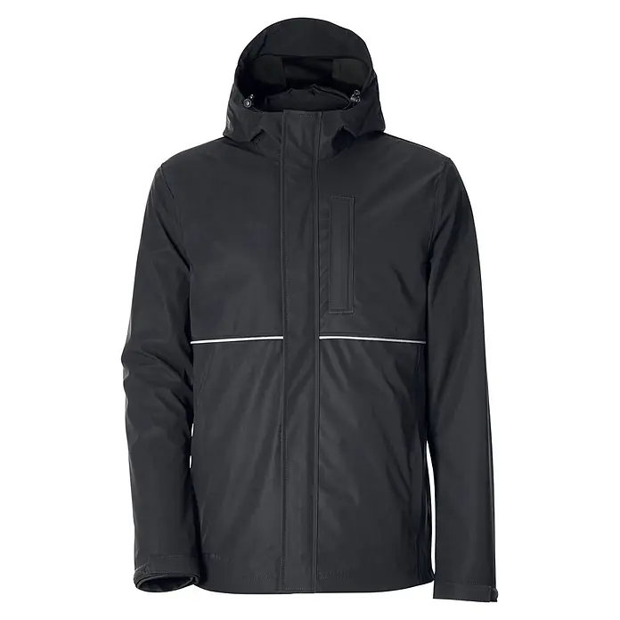 Engelbert Strauss e.s.line.core Multifunktionsjacke 3in1 - S, Schwarz - Dunkelgraue, wasserdichte Regenjacke mit Kapuze und reflektierenden Streifen.