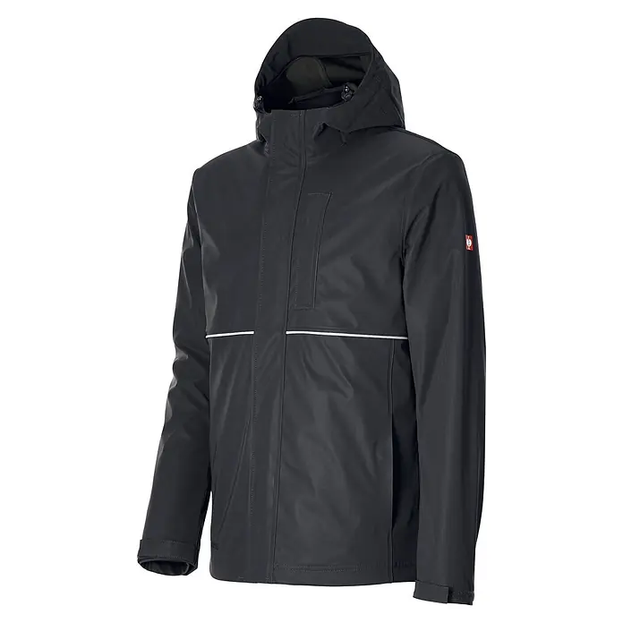 Engelbert Strauss e.s.line.core Multifunktionsjacke 3in1 - S, Schwarz - Dunkelgraue wasserdichte Kapuzenjacke mit weißem Reflektorstreifen und verstellbaren Ärmelbündchen.