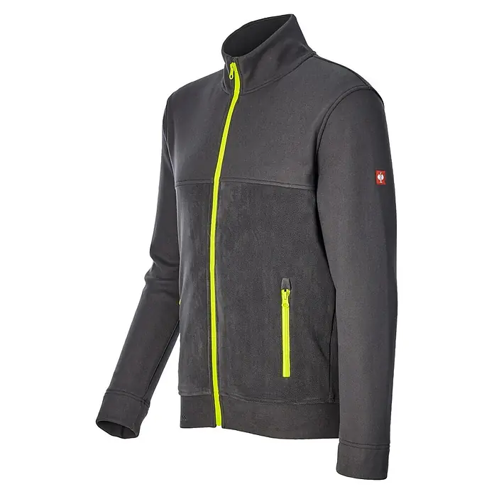 Engelbert Strauss Fleecejacke - Grau, XXL - Graue Fleecejacke mit neongelbem Reißverschluss vorne und einer passenden Reißverschlusstasche an der Seite.