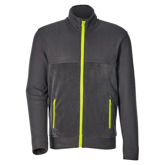 Engelbert Strauss e.s.line.core Fleecejacke - Grau, XXL - Dunkelgraue Fleecejacke mit Stehkragen und neongelben Reißverschlüssen.