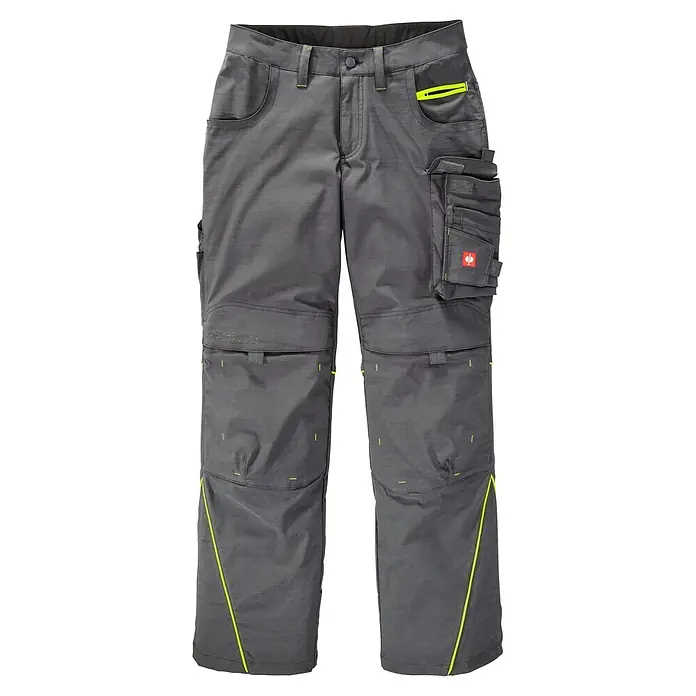 Engelbert Strauss e.s.line.core Arbeitshose - Herren, 46, Grau - Graue Arbeitshose mit neongelben Akzenten und mehreren Taschen, inklusive einer Cargotasche mit Engelbert Strauss Logo.
