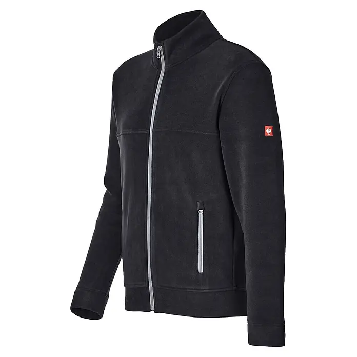 Engelbert Strauss e.s.line.core Fleecejacke - Schwarz/Grau, S - Schwarze Fleecejacke mit durchgehendem Reißverschluss, Stehkragen, linker Brusttasche mit Reißverschluss und rotem Logo am rechten Ärmel.