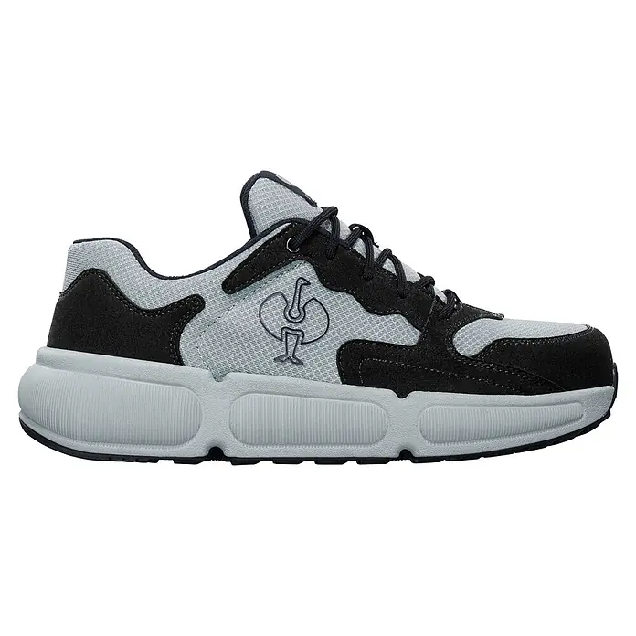 Engelbert Strauss Sicherheitshalbschuh S1 - 46, Herren, Schwarz/Grau - Grauer und schwarzer Sportschuh mit klobiger hellgrauer Sohle und dem Engelbert Strauss Vogel-Logo an der Seite.