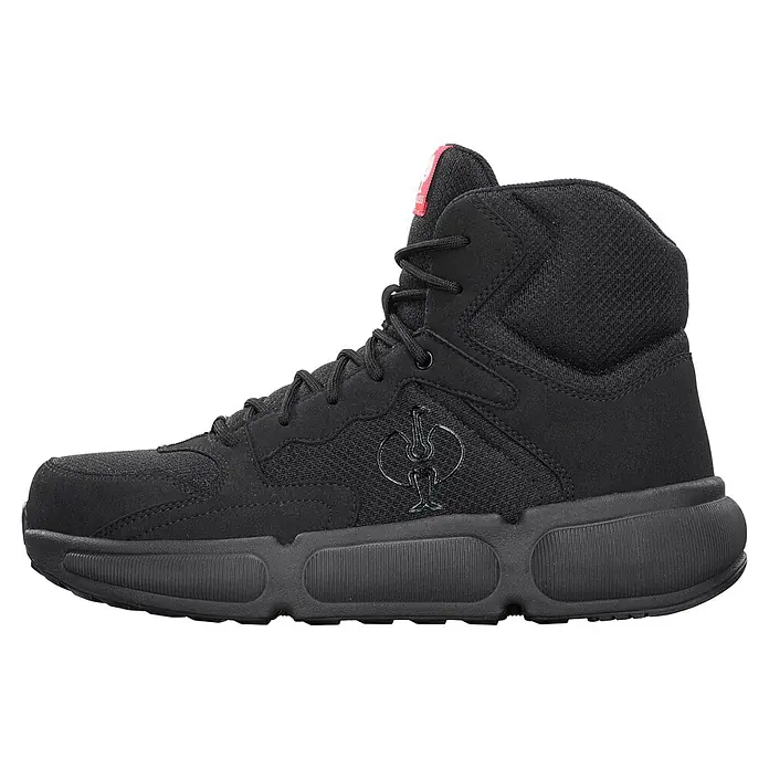 Engelbert Strauss e.s.line.core Sicherheitsstiefel - 40, Herren, Schwarz - Schwarzer hoher Arbeitsstiefel mit dicker Sohle, Schnürsenkeln und sichtbarem Markenlogo an der Seite.