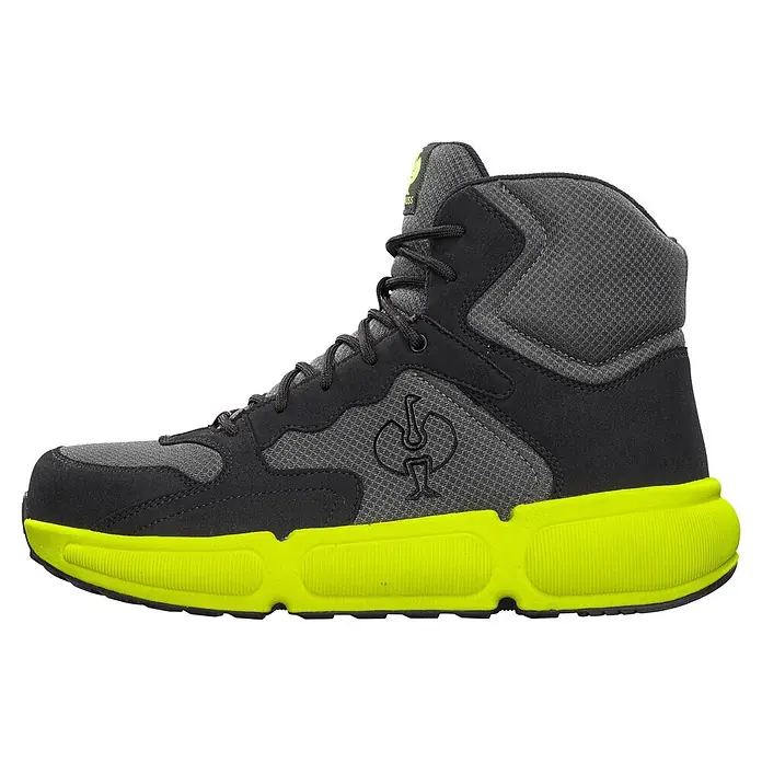 Engelbert Strauss e.s.line.core Sicherheitsstiefel - 46, Herren, Carbongrau/Warngelb - Schwarzer und grauer hoher Sicherheitsschuh mit leuchtend neongelber Sohle und strukturierten Einsätzen.