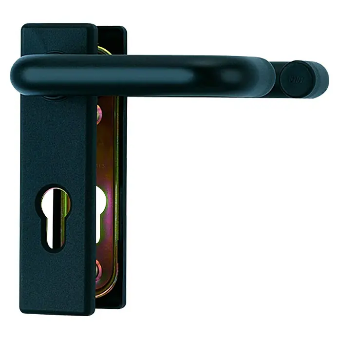 Abus Schutzbeschlag KFG FS - Feuerschutztür, Schwarz, Drücker beidseitig, Stärke Tür: 40 mm - 66 mm - Nahaufnahme eines schwarzen Türgriffs mit Schlüsselloch, der moderne Eleganz und Funktionalität für Innentüren vereint.