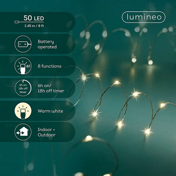 Lumineo Guirnalda navideña Microled a batería - Largo: 245 cm, 50 ud., Blanco cálido - Guirnalda LED Lumineo blanco cálido, a pilas, 2,45m/8ft, 50 LEDs, 8 funciones, temporizador, uso interior/exterior.