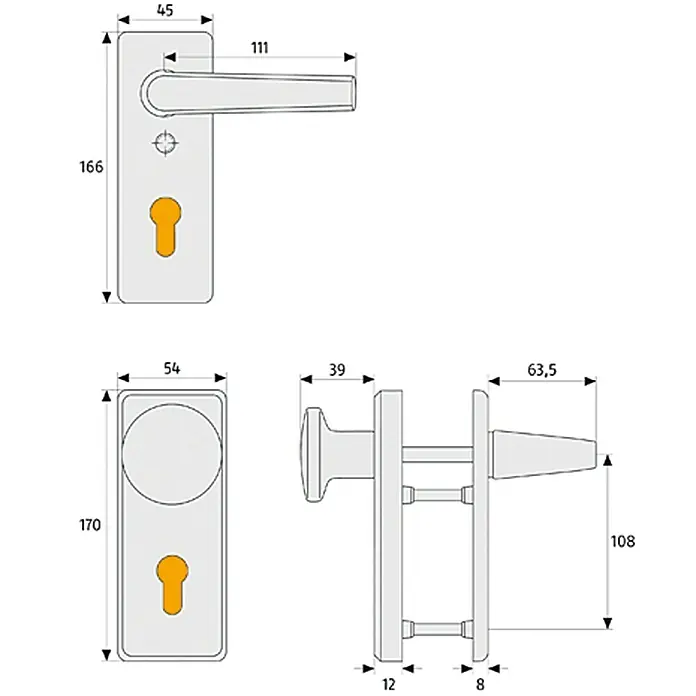 Abus Schutzbeschlag KKT 512 - Wohnungsabschlusstür, Neusilber F2, Knopf außen, Drücker innen, Stärke Tür: 37 mm - 47 mm - Abbildung eines Türdrückers mit Maßen, zur Veranschaulichung der Produktabmessungen. Ideal für Architekten und Bauherren.