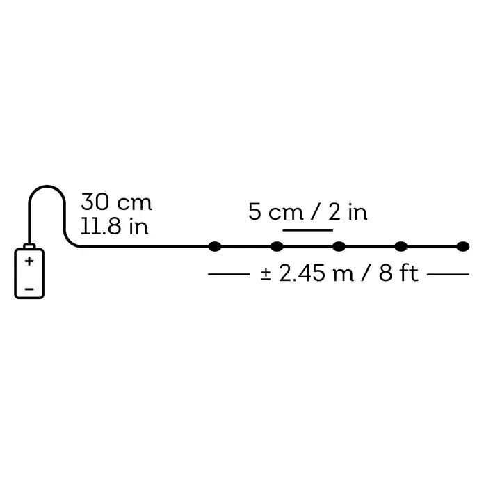 Lumineo Guirnalda navideña Microled a batería - Largo: 245 cm, 50 ud., Blanco cálido - Diagrama de cable con batería: cable de 30 cm, 5 cm entre nodos, ±2,45 m de longitud de la sección de nodos.