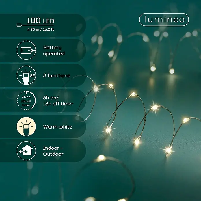Lumineo Guirnalda navideña Microled a batería - Largo: 495 cm, 100 ud. - Guirnalda de luces LED blanco cálido de 100 bombillas, 4,95m, a pilas, 8 funciones y temporizador 6h enc/18h apag, para interior/exterior.