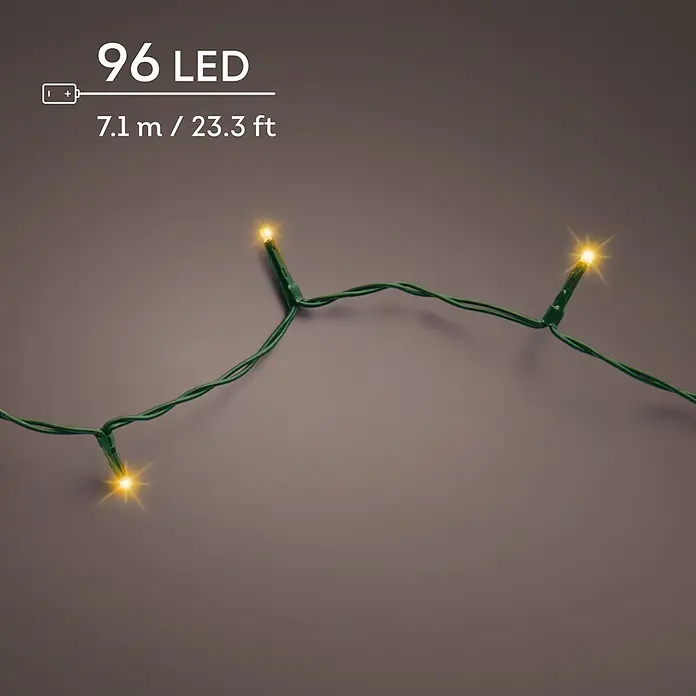 Lumineo Guirnalda luminosa LED Básica Batería 8 funciones - Para exterior, Color de luz: Blanco cálido, Número de bombillas: 96 ud., 7,1 m - Guirnalda de 96 luces LED blanco cálido, 7,1 m / 23,3 ft, con cable verde.