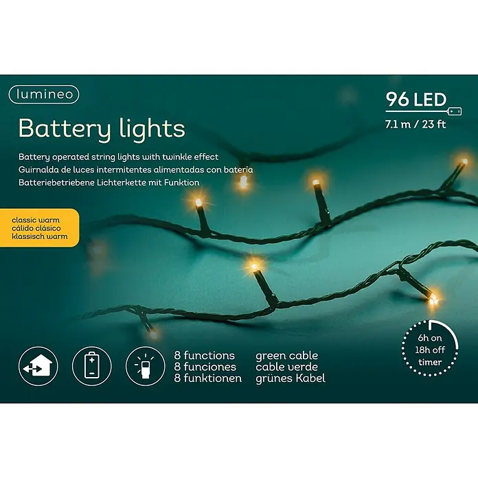 Lumineo Guirnalda luminosa LED Básica Batería 8 funciones - Para exterior, Color de luz: Blanco cálido, Número de bombillas: 96 ud., 7,1 m - Guirnalda de luces LED a pilas con 96 LEDs cálidos clásicos, cable verde, 7,1m de largo, 8 funciones y temporizador.