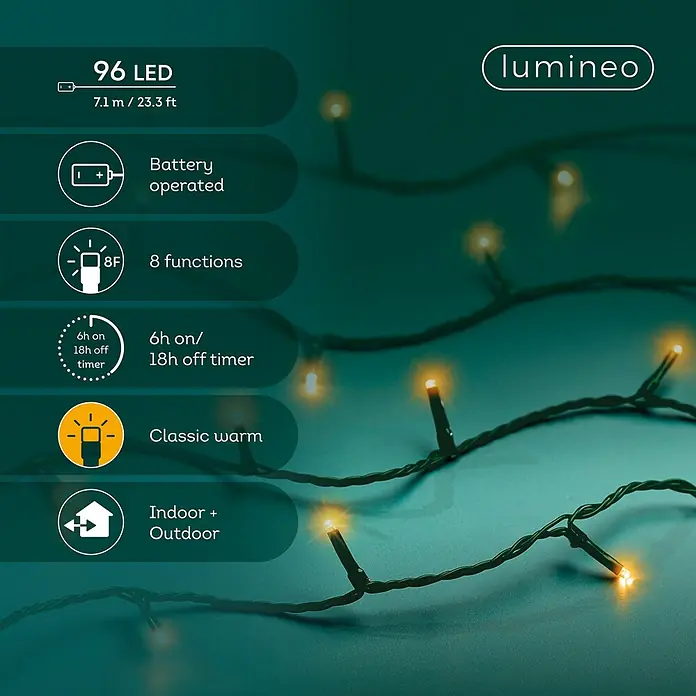 Lumineo Guirnalda luminosa LED Básica Batería 8 funciones - Para exterior, Color de luz: Blanco cálido, Número de bombillas: 96 ud., 7,1 m - Guirnalda de 96 luces LED (7,1m) a pilas, con 8 funciones, temporizador, luz cálida clásica, para interior/exterior.