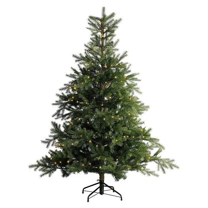 Lumineo Guirnalda luminosa LED Básica Batería 8 funciones - Para exterior, Color de luz: Blanco cálido, Número de bombillas: 96 ud., 7,1 m - Árbol de Navidad artificial verde con luces blancas cálidas y soporte de metal negro.