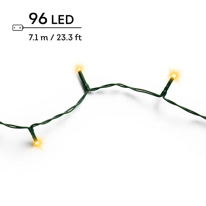 Lumineo Guirnalda luminosa LED Básica Batería 8 funciones - Para exterior, Color de luz: Blanco cálido, Número de bombillas: 96 ud., 7,1 m - Guirnalda de luces a pilas con 96 LEDs blancos cálidos en cable verde, 7,1 m de largo.