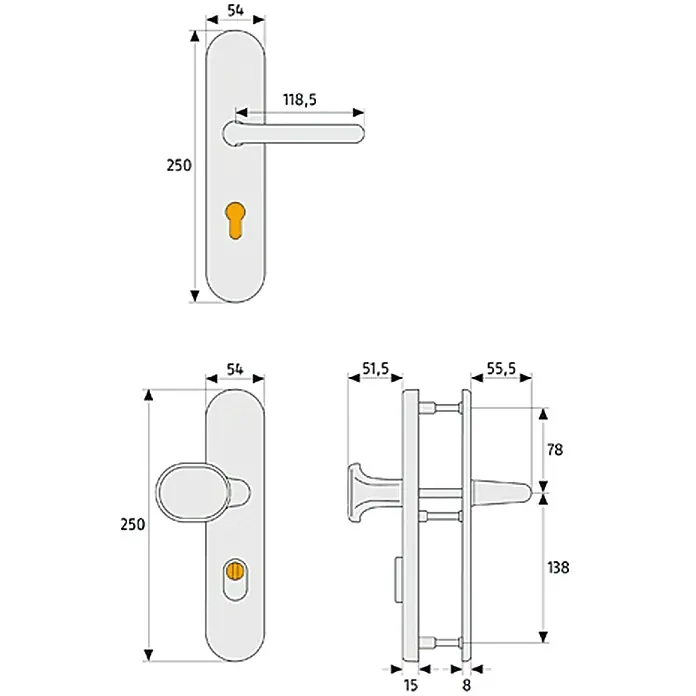 Abus Schutzbeschlag HLZS 814 - Hauseingangstür, Edelstahl, Knopf außen, Drücker innen, Form Schild: Abgerundet, Stärke Tür: 52 mm - 72 mm - Abbildung einer Türklinke mit Abmessungen für den Einbau. Die Türklinke ist detailliert dargestellt mit allen Maßen.