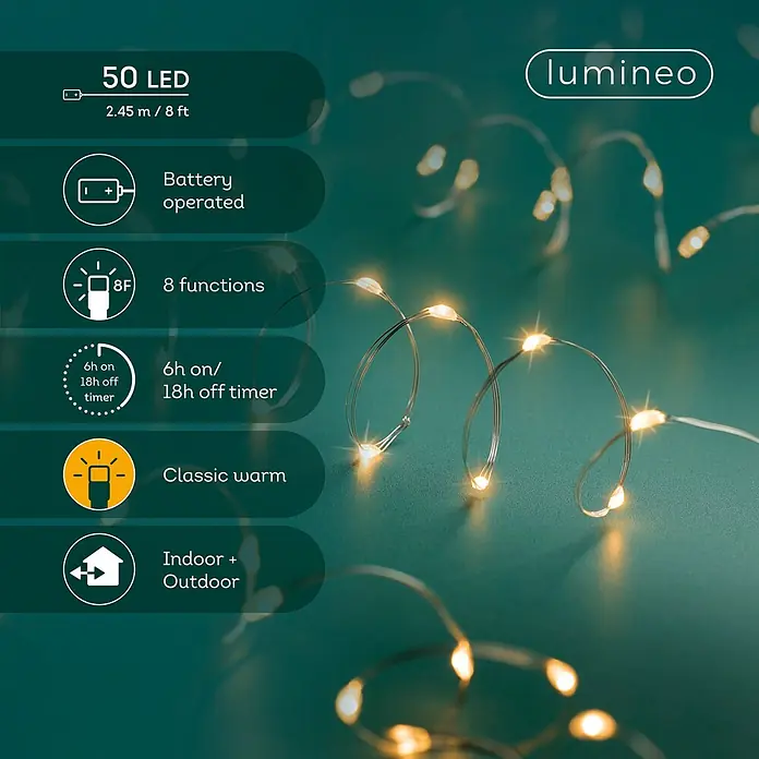 Lumineo Guirnalda navideña Microled a batería - Largo: 245 cm, 50 ud., Ámbar - Guirnalda Lumineo 50 LED a pilas, 2,45m (8ft), luz cálida clásica, 8 funciones, temporizador 6h/18h, interior/exterior.