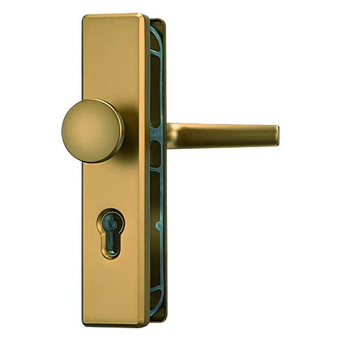 Abus Schutzbeschlag HLN 414 - Hauseingangstür, Stärke Tür: 52 mm - 67 mm, Bronze, Knopf außen, Drücker innen - Türbeschlag aus goldenem Metall mit rundem Knauf und Schlüsselöffnung für Innentüren oder Haustüren.