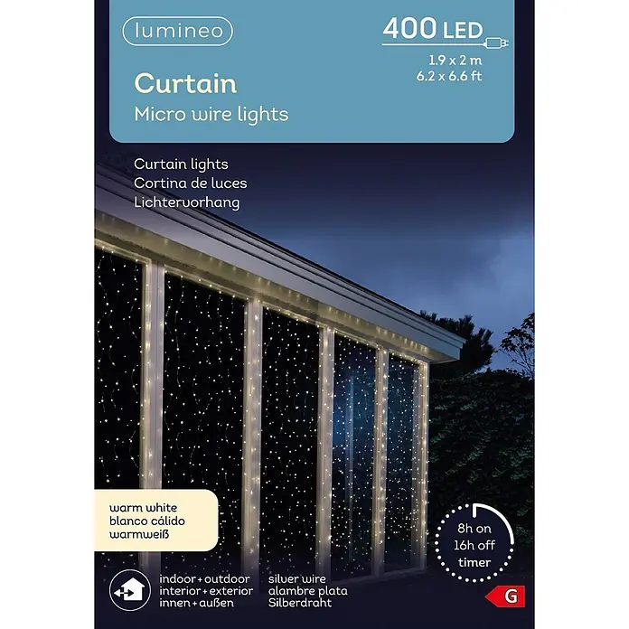 Lumineo Cascada de luz LED Curtain - Para exterior, Blanco cálido, Número de bombillas: 400 ud., Ancho: 190 cm - 400 luces de cortina micro LED blanco cálido, 1.9x2m, con hilo plateado, iluminando ventanas.