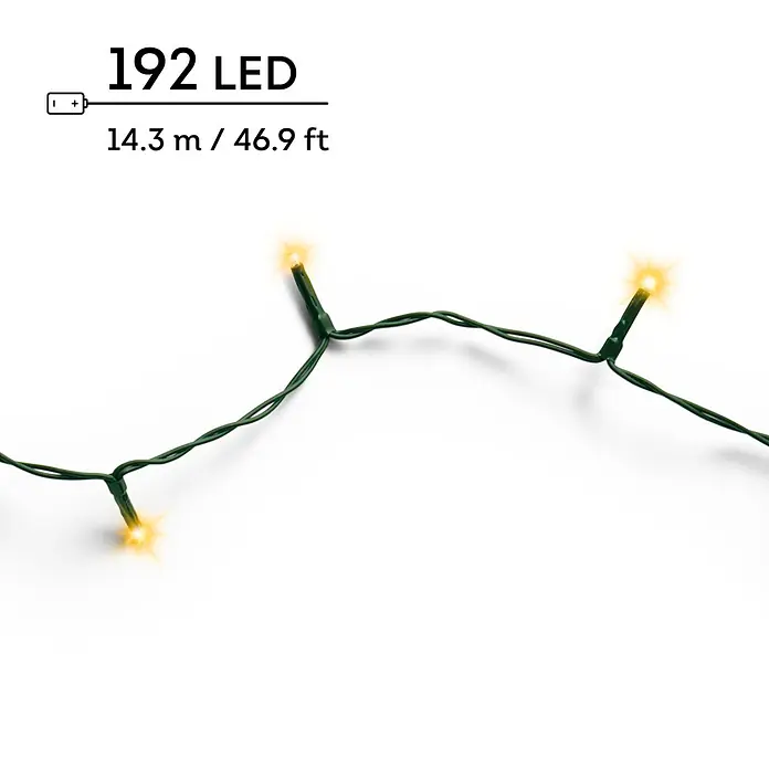 Lumineo Guirnalda luminosa LED Básica Batería 8 funciones - Para exterior, Color de luz: Blanco cálido, Número de bombillas: 192 ud., 14,32 m - Cadena de luces LED de cable verde con 192 LEDs blanco cálido, 14.3 m / 46.9 ft. Funciona con pilas.