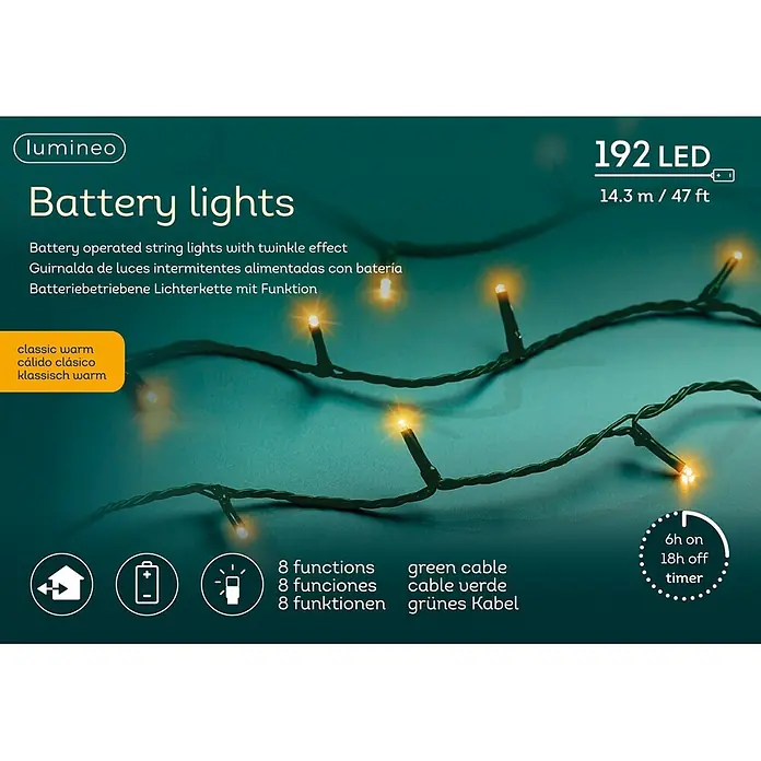 Lumineo Guirnalda luminosa LED Básica Batería 8 funciones - Para exterior, Color de luz: Blanco cálido, Número de bombillas: 192 ud., 14,32 m - Guirnalda de 192 luces LED a pilas con cable verde, 14,3m de largo, luz cálida clásica, 8 funciones y temporizador.