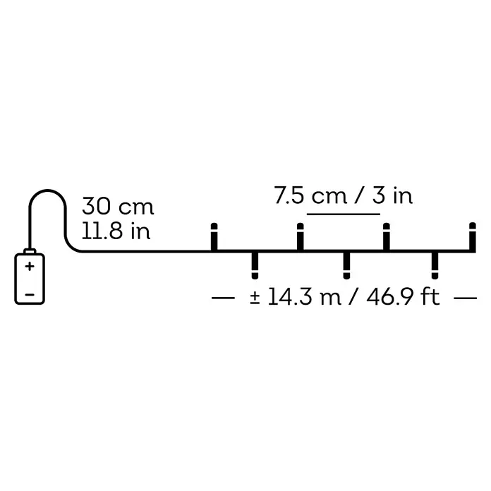 Lumineo Guirnalda luminosa LED Básica Batería 8 funciones - Para exterior, Color de luz: Blanco cálido, Número de bombillas: 192 ud., 14,32 m - Diagrama de cableado con batería y serie de sondas, dimensiones: 30 cm (11,8 pulgadas), 7,5 cm (3 pulgadas), ± 14,3 m (46,9 pies).