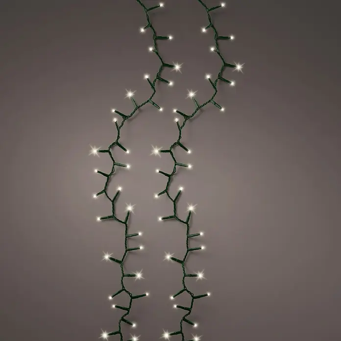 Lumineo Guirnalda luminosa LED a Batería - Para exterior, Blanco cálido, Número de bombillas: 480 ud., 12 m, Funciona con pilas - Dos guirnaldas de luces LED blanco cálido con cable verde oscuro.