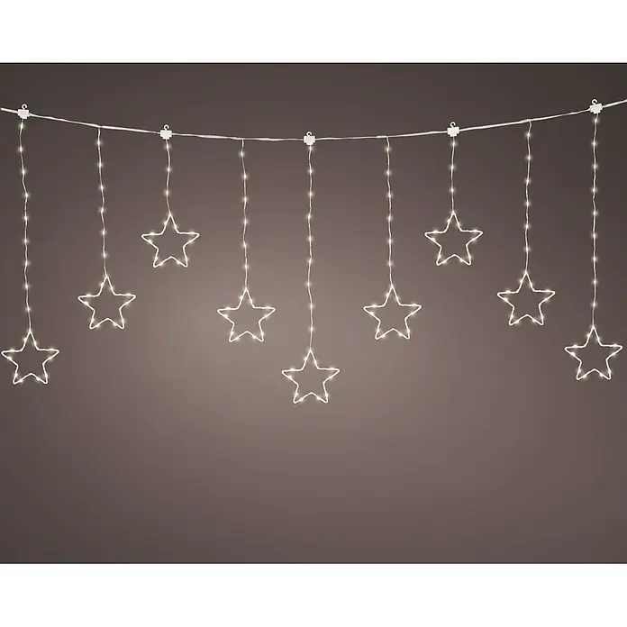 Lumineo Guirnalda luminosa LED Cortina de Estrellas 8 funciones - Para exterior, Color de luz: Blanco frío, Número de bombillas: 156 ud., Funcionamiento en red - Guirnalda de luces LED blancas con decoraciones de estrellas iluminadas colgando de un cable horizontal.