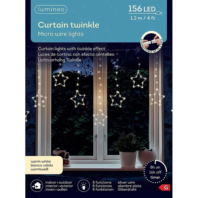 Lumineo Guirnalda luminosa LED Cortina de Estrellas 8 funciones - Para exterior, Color de luz: Blanco frío, Número de bombillas: 156 ud., Funcionamiento en red - Guirnalda de luces LED de estrellas blanco cálido con efecto centelleo y cable de plata, para interior y exterior.