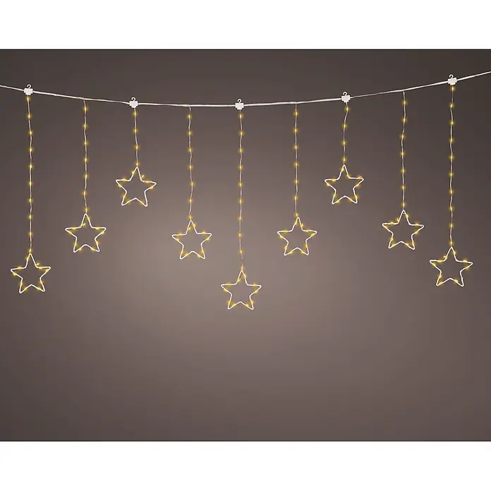 Lumineo Guirnalda luminosa LED Cortina de Estrellas 8 funciones - Para exterior, Color de luz: Blanco cálido, Número de bombillas: 156 ud., Funcionamiento en red - Guirnalda LED de estrellas blanco cálido con contornos blancos en un cable blanco.