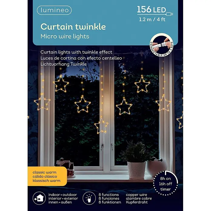 Lumineo Guirnalda luminosa LED Cortina de Estrellas 8 funciones - Para exterior, Color de luz: Blanco cálido, Número de bombillas: 156 ud., Funcionamiento en red - Cortina de luces LED en forma de estrella, blanco cálido (1.2m, 156 LEDs), con 8 funciones y temporizador, colgada en una ventana.