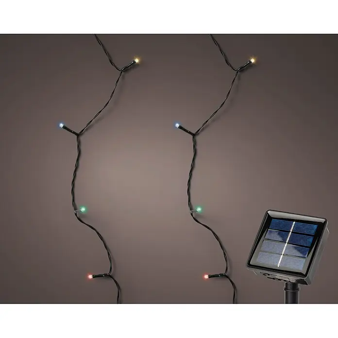 Lumineo Guirnalda luminosa LED Solar Basic 2F - Para exterior, Color de luz: Multicolor, Número de bombillas: 100 ud., Con energía solar - Guirnalda de luces LED solares multicolores con cable negro y un panel solar negro.