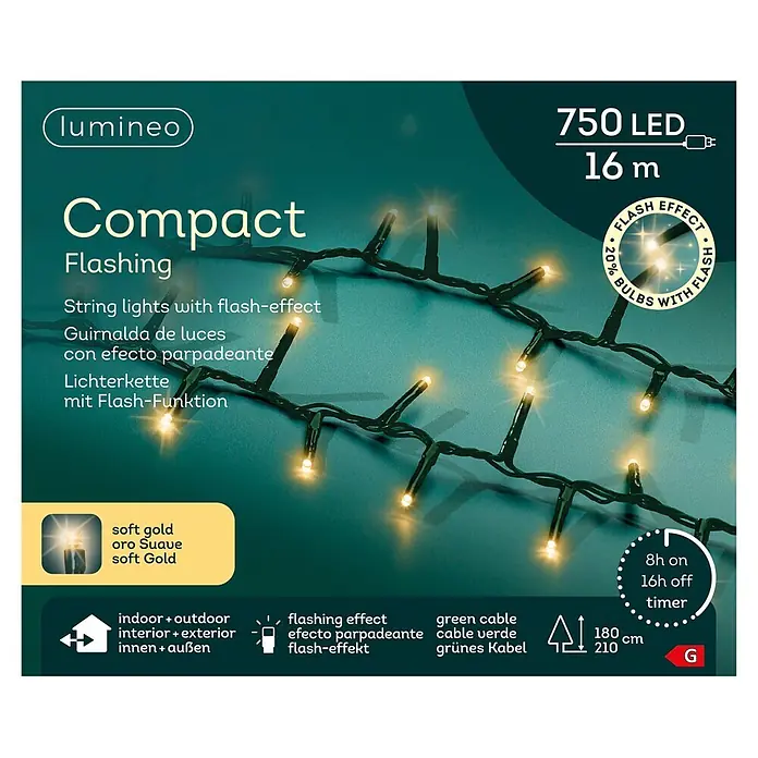 Lumineo Guirnalda luminosa LED Compacta - Para exterior, Color de luz: Blanco cálido, Número de bombillas: 750 ud., Funcionamiento en red - Guirnalda Lumineo compacta de 16m con 750 LED oro suave parpadeantes y cable verde, para interior y exterior.