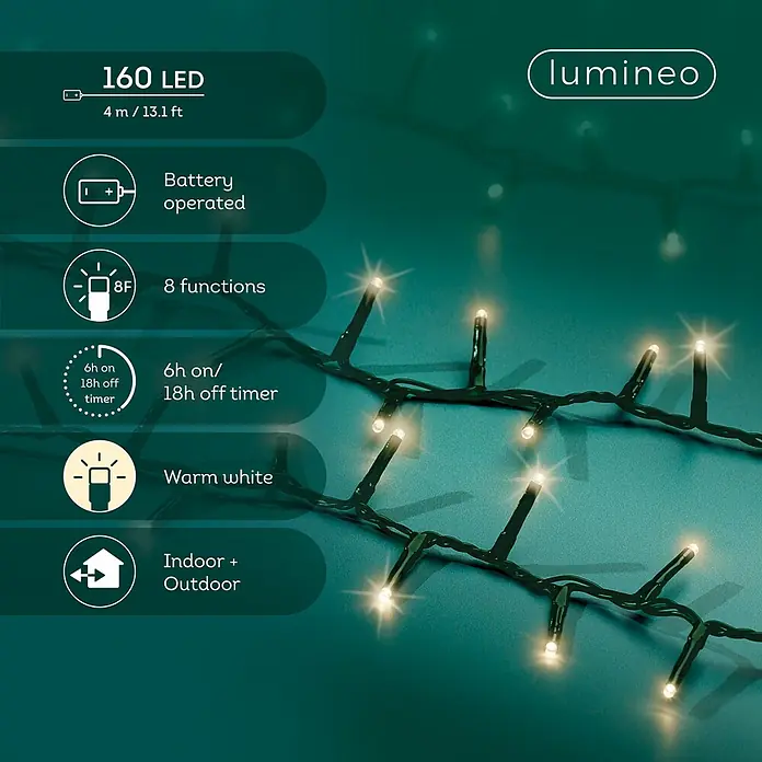Lumineo Guirnalda luminosa LED a Batería - Para exterior, Blanco cálido, Número de bombillas: 160 ud., 4 m, Funciona con pilas - Guirnalda de luces LED blanco cálido para interior/exterior, a pilas, con varias funciones y temporizador.
