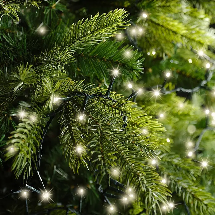 Lumineo Guirnalda luminosa LED a Batería - Para exterior, Blanco cálido, Número de bombillas: 160 ud., 4 m, Funciona con pilas - Luces de cadena LED blanco cálido en ramas verdes de árbol de Navidad artificial.
